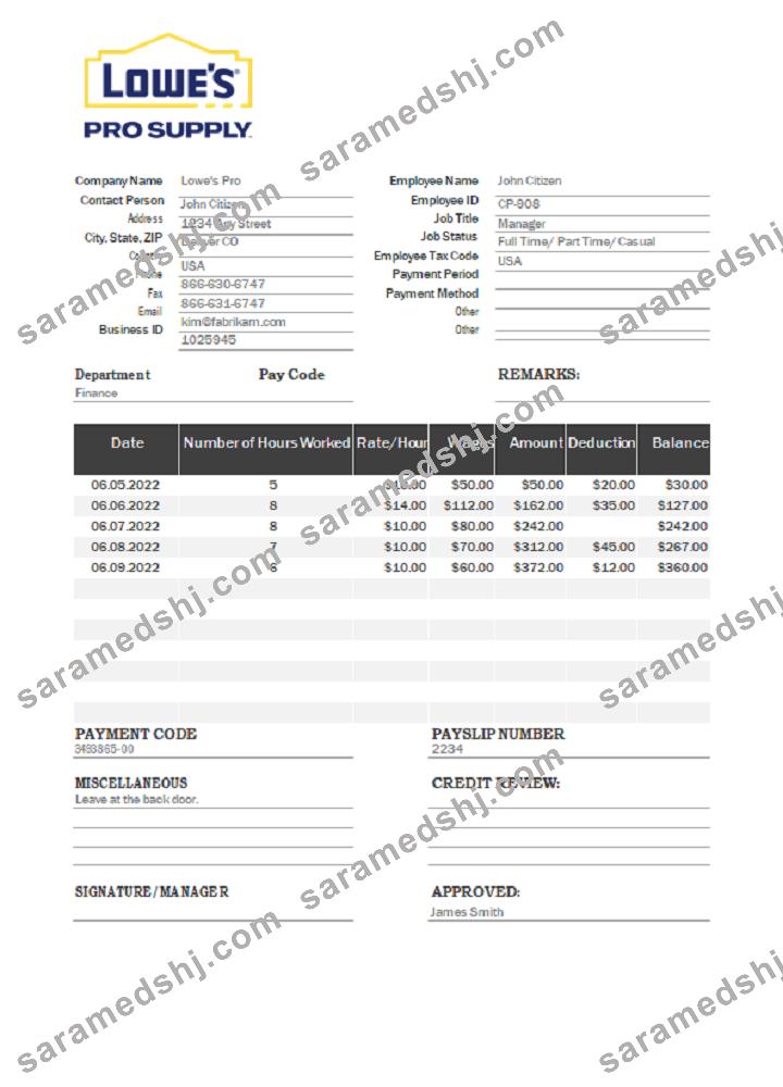 USA Lowe’s Pro Supply wholesale company pay stub